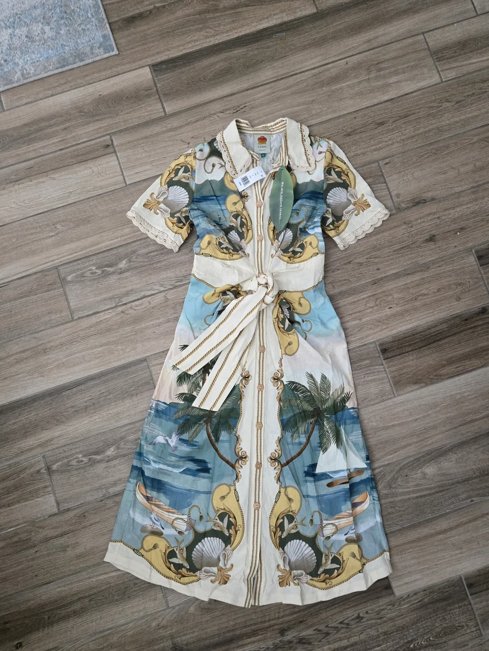 Sea-Print Tie-Waist Short Sleeve Midi Dress - Blue & Cream